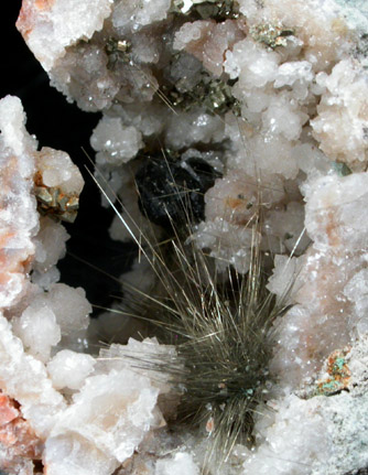 Millerite and Pyrite in Quartz Geode from US Route 27 road cut, Halls Gap, Lincoln County, Kentucky