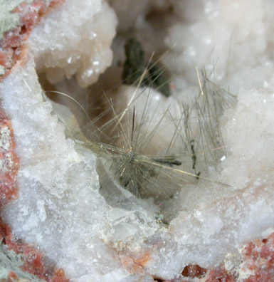 Millerite in Quartz Geode from US Route 27 road cut, Halls Gap, Lincoln County, Kentucky