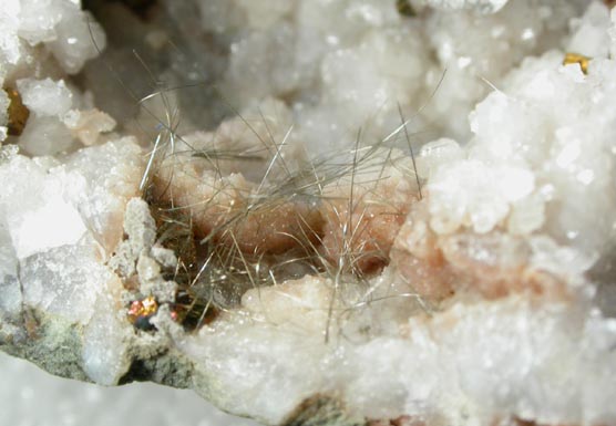 Millerite and Pyrite in Quartz Geode from US Route 27 road cut, Halls Gap, Lincoln County, Kentucky