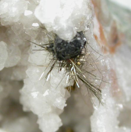 Millerite and Pyrite in Quartz Geode from US Route 27 road cut, Halls Gap, Lincoln County, Kentucky