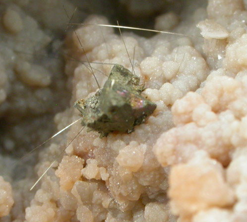 Millerite and Pyrite in Quartz Geode from US Route 27 road cut, Halls Gap, Lincoln County, Kentucky