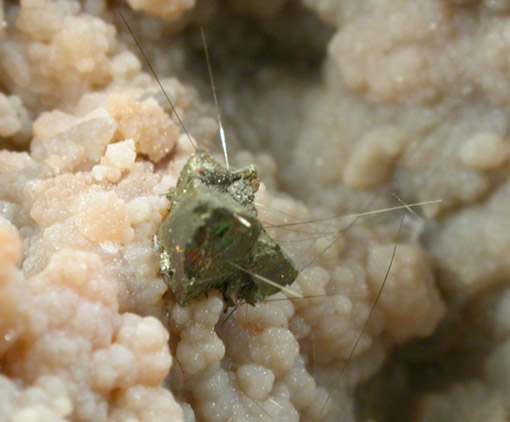 Millerite and Pyrite in Quartz Geode from US Route 27 road cut, Halls Gap, Lincoln County, Kentucky