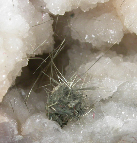 Millerite and Marcasite in Quartz Geode from US Route 27 road cut, Halls Gap, Lincoln County, Kentucky