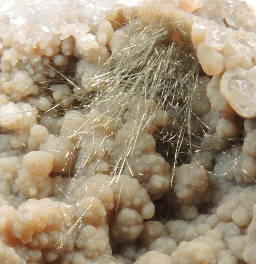 Millerite (with twisted spiral crystals) in Quartz Geode from US Route 27 road cut, Halls Gap, Lincoln County, Kentucky