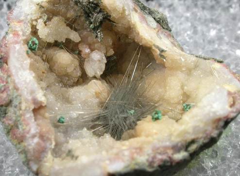 Millerite and Pyrite in Quartz Geode from US Route 27 road cut, Halls Gap, Lincoln County, Kentucky