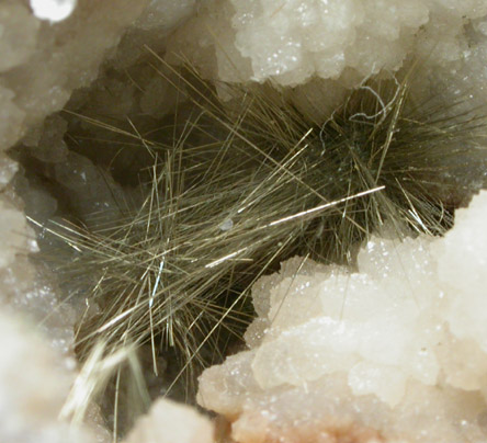 Millerite in Quartz Geode from US Route 27 road cut, Halls Gap, Lincoln County, Kentucky