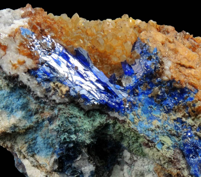 Linarite on Quartz from Grand Reef Mine, Aravaipa District, Graham County, Arizona