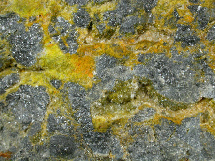 Greenockite on Galena from Saucon Valley Zinc Mines, Friedensville, Lehigh County, Pennsylvania