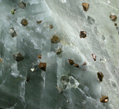 Pyrite in Calcite with Actinolite var. Byssolite inclusions from French Creek Iron Mines, St. Peters, Chester County, Pennsylvania