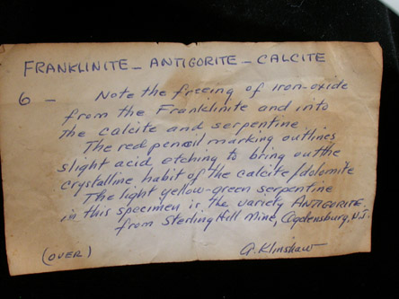 Franklinite, Antigorite, Calcite from Sterling Mine, Ogdensburg, Sterling Hill, Sussex County, New Jersey (Type Locality for Franklinite)