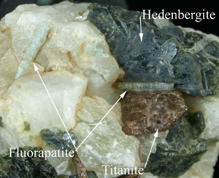 Hedenbergite, Titanite, Fluorapatite from Keene, Essex County, New York