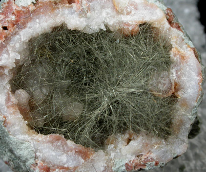 Millerite in Quartz Geode from US Route 27 road cut, Halls Gap, Lincoln County, Kentucky