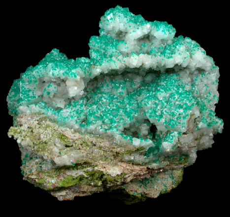 Dioptase on Calcite from Tsumeb Mine, Otavi-Bergland District, Oshikoto, Namibia