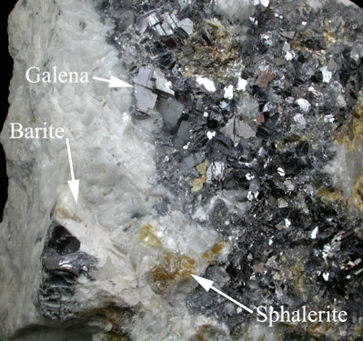 Galena, Sphalerite, Barite from Lime Crest Quarry (Limecrest), Sussex Mills, 4.5 km northwest of Sparta, Sussex County, New Jersey