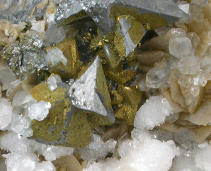 Tetrahedrite, Siderite, Quartz, Calcite from Prbram, Central Bohemia, Czech Republic