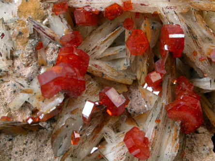 Vanadinite on Barite from Mibladen, Haute Moulouya Basin, Zeida-Aouli-Mibladen belt, Midelt Province, Morocco