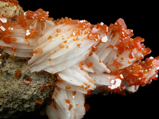 Vanadinite with Aragonite on Barite from Mibladen, Haute Moulouya Basin, Zeida-Aouli-Mibladen belt, Midelt Province, Morocco