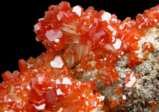 Vanadinite with Aragonite on Barite from Mibladen, Haute Moulouya Basin, Zeida-Aouli-Mibladen belt, Midelt Province, Morocco