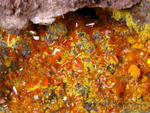 Wulfenite and Mimetite from Rowley Mine, 20 km northwest of Theba, Painted Rock Mountains, Maricopa County, Arizona