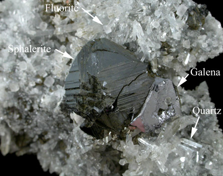 Sphalerite, Galena, Fluorite on Quartz from Dalnegorsk, Primorskiy Kray, Russia