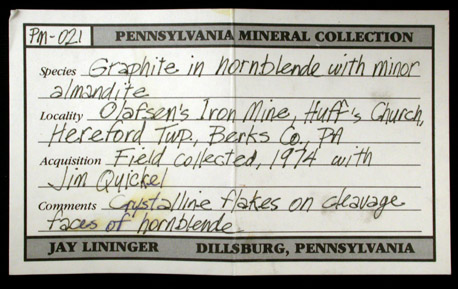 Graphite, Almandine in Hornblende from Olafson's Iron Mine, Huff's Church, Hereford Township, Berks County, Pennsylvania