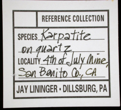 Karpatite on Quartz from 4th of July Mine, San Benito County, California