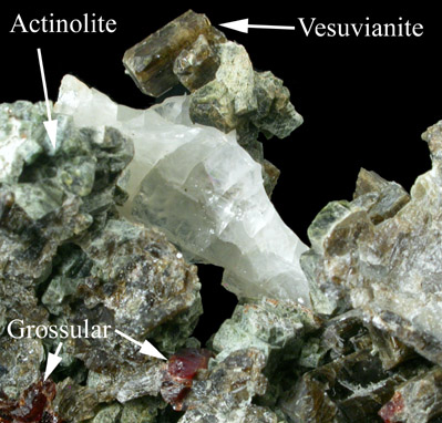 Vesuvianite, Grossular Garnet, Actinolite from 600 m pit, Goodall Farm Quarry, Sanford, York County, Maine