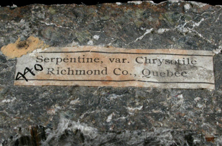 Clinochrysotile var. Chrysotile Asbestos. from (Melbourne), Richmond County, Qubec,, Canada