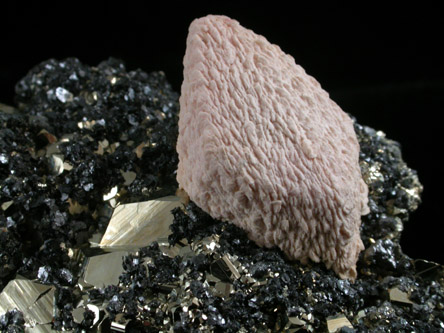 Calcite var. Manganoan on Pyrite and Sphalerite from Pachapaqui District, Bolognesi Province, Ancash Department, Peru