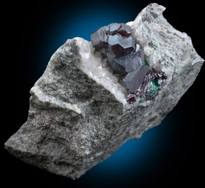 Cuprite (cubo-octahedral crystals), Malachite, Calcite from Dikuluwe Mine, 155 WNW of Lubumbashi, Katanga Copperbelt, Lualaba Province, Democratic Republic of the Congo