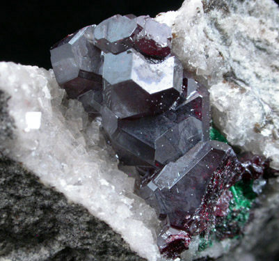 Cuprite (cubo-octahedral crystals), Malachite, Calcite from Dikuluwe Mine, 155 WNW of Lubumbashi, Katanga Copperbelt, Lualaba Province, Democratic Republic of the Congo