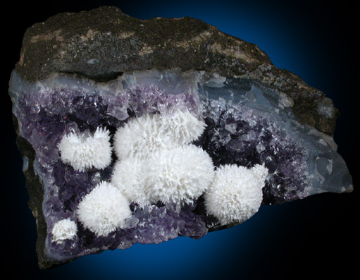 Okenite on Quartz var. Amethyst from Shirdi, Ahmadnagar, Maharashtra, India