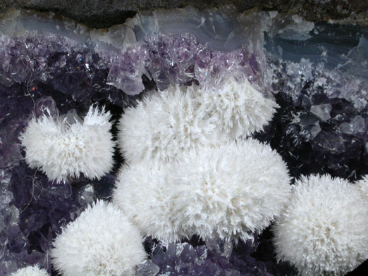 Okenite on Quartz var. Amethyst from Shirdi, Ahmadnagar, Maharashtra, India