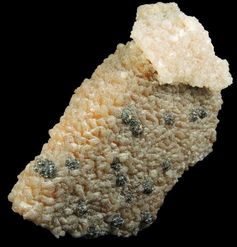 Stilbite-Ca with Calcite and Pyrite (best of find) from 700' level, Sta.167, Queens Tunnel of NYC Water Tunnel #3, Woodside, Queens, New York City, Queens County, New York
