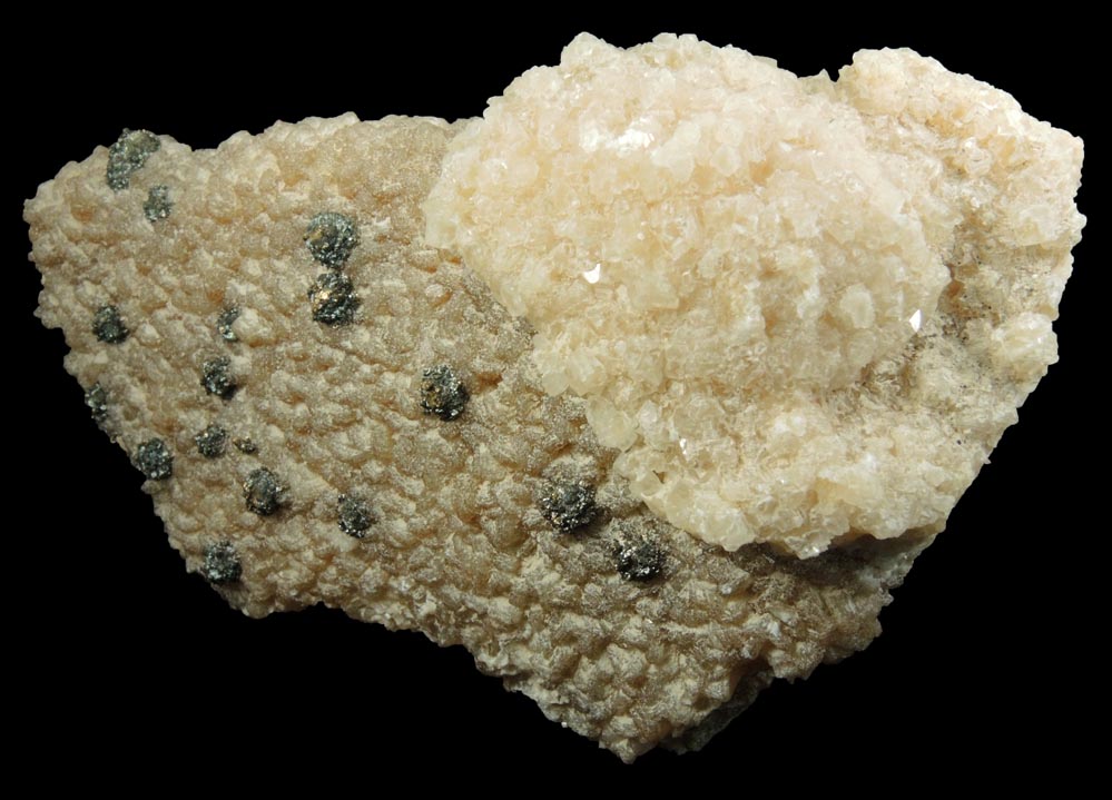 Stilbite-Ca with Calcite and Pyrite (best of find) from 700' level, Sta.167, Queens Tunnel of NYC Water Tunnel #3, Woodside, Queens, New York City, Queens County, New York