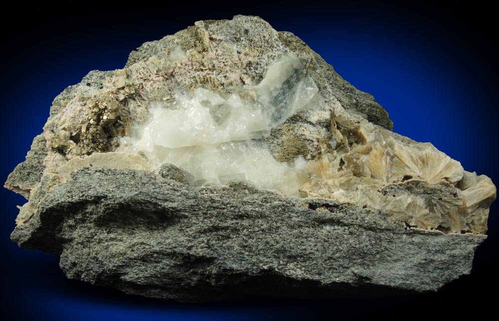 Pyrite and Stilbite-Ca in Calcite-filled vein from Harlem Meer, in the northeast corner of Central Park, New York City, New York County, New York