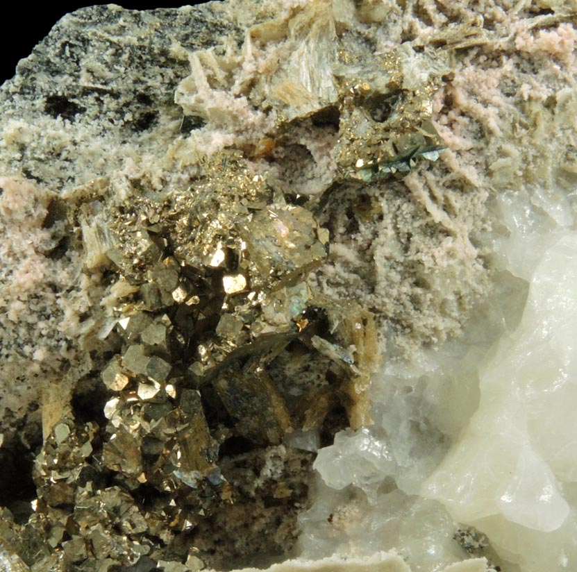 Pyrite and Stilbite-Ca in Calcite-filled vein from Harlem Meer, in the northeast corner of Central Park, New York City, New York County, New York