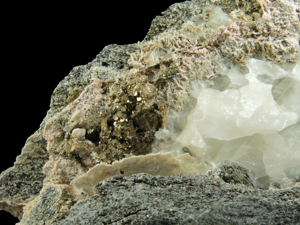 Pyrite and Stilbite-Ca in Calcite-filled vein from Harlem Meer, in the northeast corner of Central Park, New York City, New York County, New York