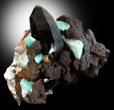 Goethite pseudomorphs after Siderite with Smoky Quartz and Amazonite from Ken's Pocket, Two Point Mine, Teller County, Colorado