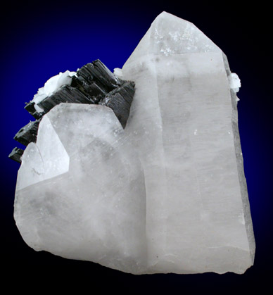 Ferberite on Quartz with Calcite from Yaogangxian Mine, Nanling Mountains, Hunan Province, China