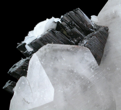 Ferberite on Quartz with Calcite from Yaogangxian Mine, Nanling Mountains, Hunan Province, China