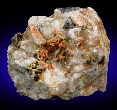 Wulfenite on Quartz from Manhan Lead Mines, Loudville District, 3 km northwest of Easthampton, Hampshire County, Massachusetts