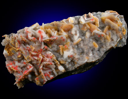 Wulfenite and Vanadinite with druzy Quartz coating from Finch Mine (Barking Spider Mine), north of Hayden, Banner District, Gila County, Arizona