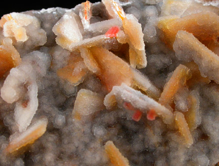 Wulfenite and Vanadinite with druzy Quartz coating from Finch Mine (Barking Spider Mine), north of Hayden, Banner District, Gila County, Arizona