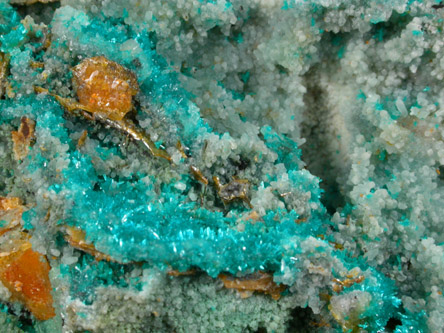 Dioptase, Wulfenite, Willemite from Mammoth Mine, Tiger District, Pinal County, Arizona