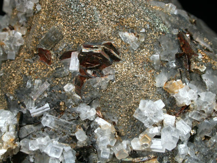 Calcite with Pyrrhotite, Pyrite, Apophyllite from Gaspe Copper Company Mine, Murdochville, Gaspe Peninsula, Québec, Canada