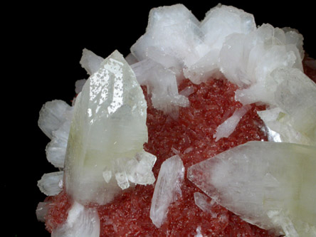 Apophyllite and Stilbite-Ca on red Heulandite from Mirzapur, Uttar Pradesh, India