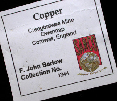 Copper (crystallized) from Creegbrawse Mine, Gwennap, Cornwall, England