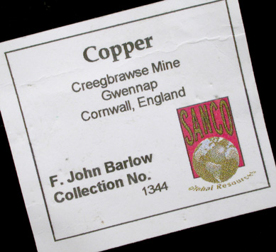 Copper (crystallized) from Creegbrawse Mine, Gwennap, Cornwall, England