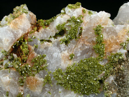 Pyromorphite on Quartz from Allah Cooper (Valcooper) Mine, Contrary Creek District, near Mineral, Louisa County, Virginia